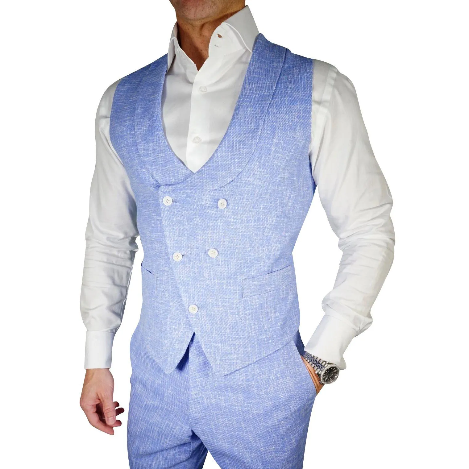 Lilac Blu Lino Tweed Double Breasted Waistcoat @ The Vault sold by Sebastian Cruz Couture