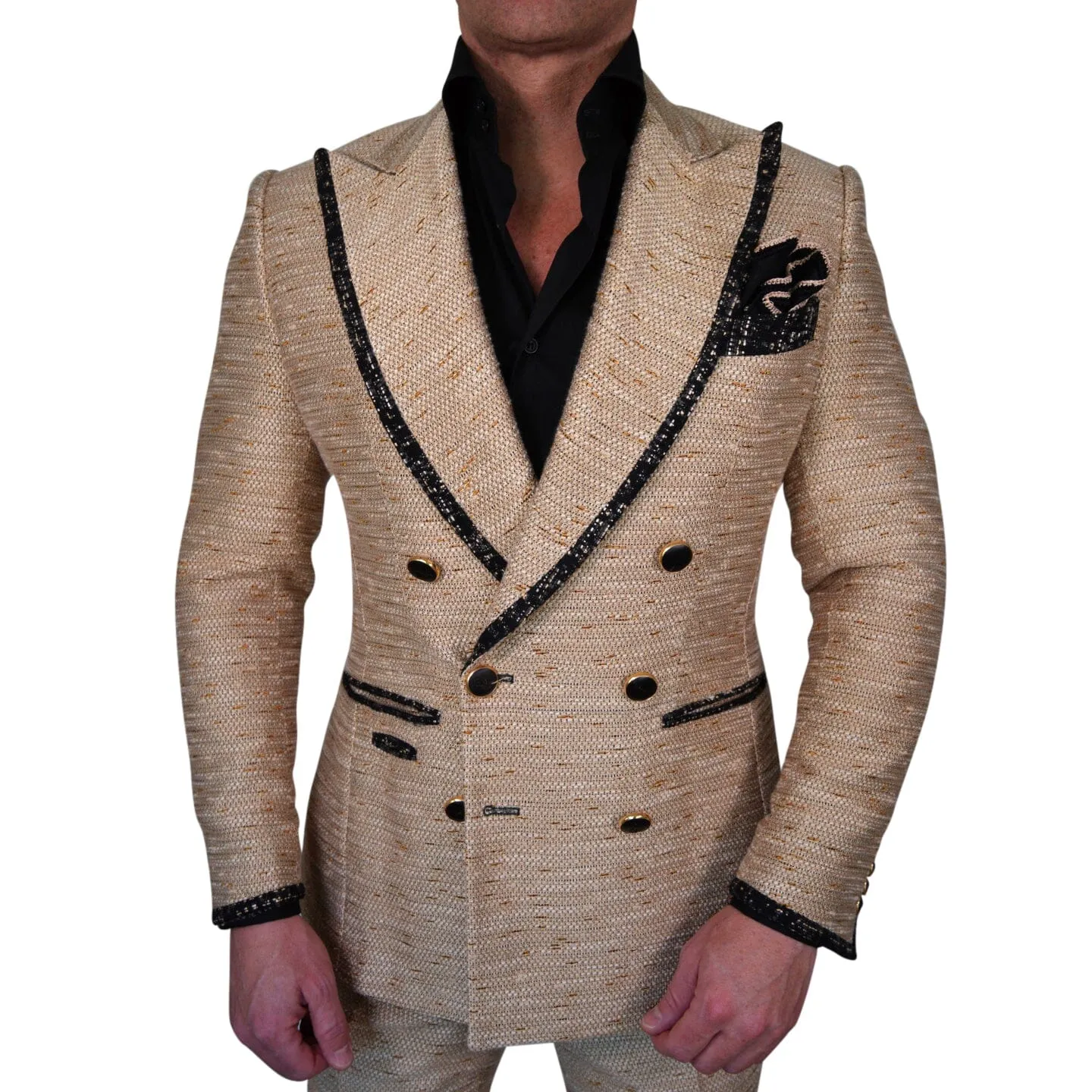 Tan Cestino Double Breasted Jacket sold by Sebastian Cruz Couture