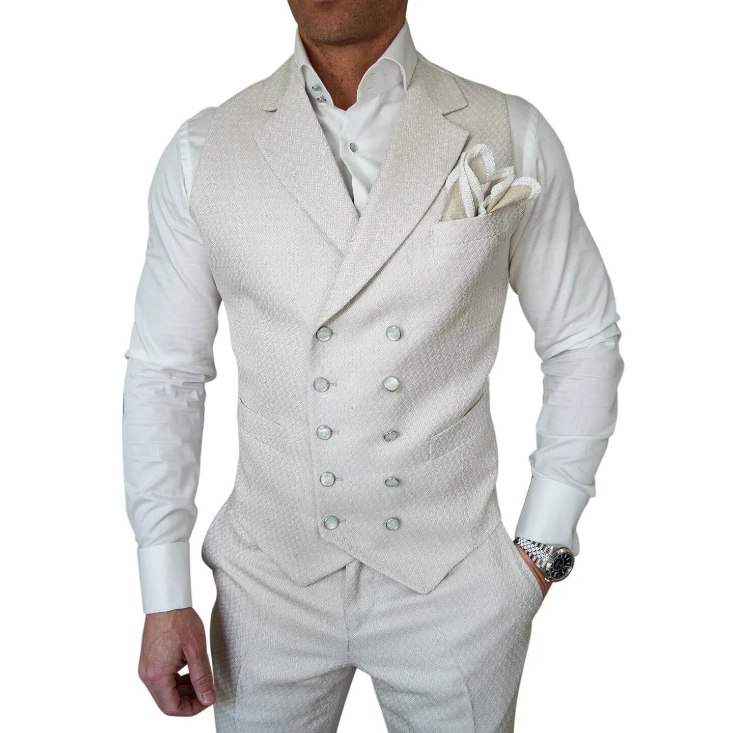 Latte Herringbone Gemelli Waistcoat sold by Sebastian Cruz Couture