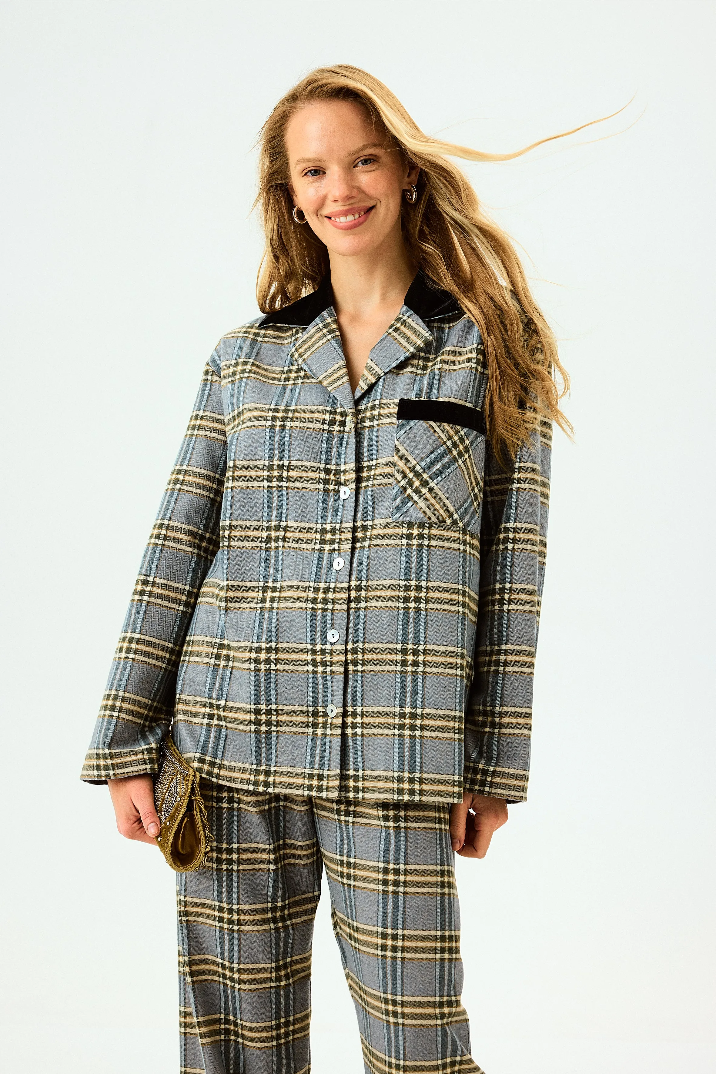 Checked Cotton-Flannel Set in Blue and Grey Checkered sold by Sleeper product image thumbnail 5