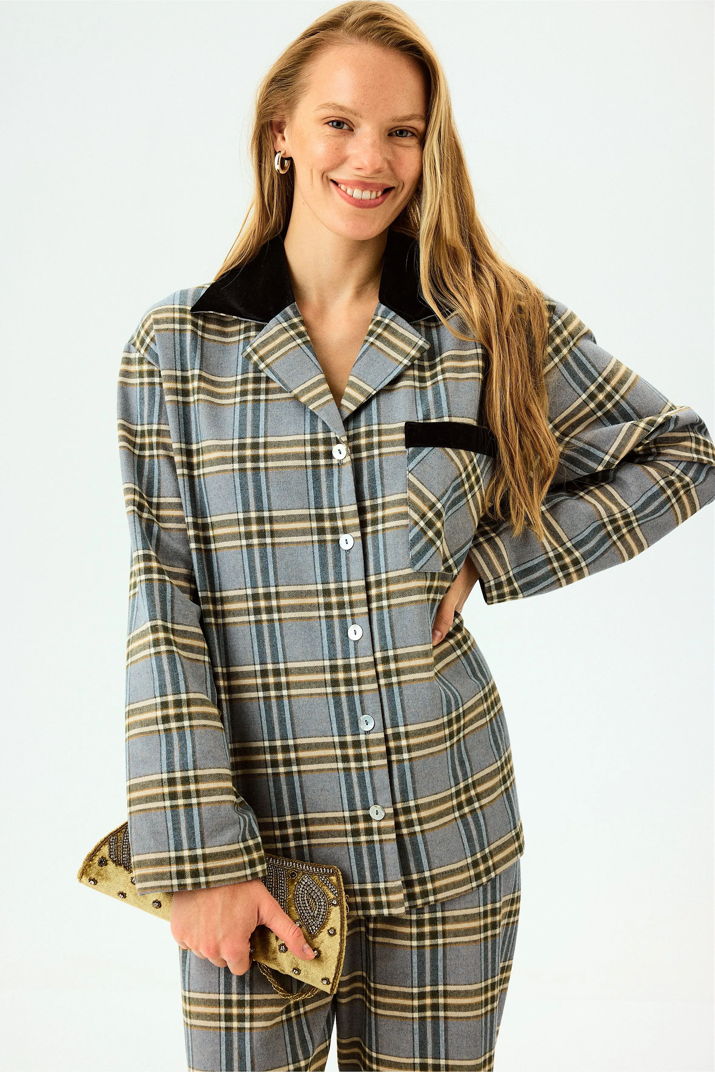 Checked Cotton-Flannel Set in Blue and Grey Checkered sold by Sleeper product image thumbnail 3