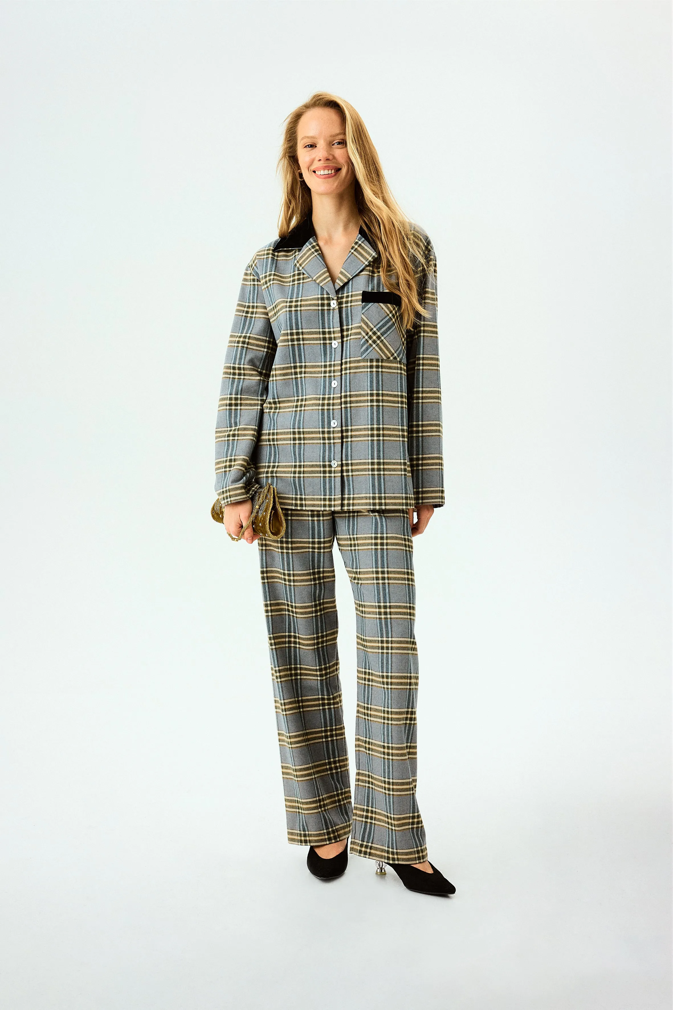 Checked Cotton-Flannel Set in Blue and Grey Checkered sold by Sleeper product image thumbnail 4