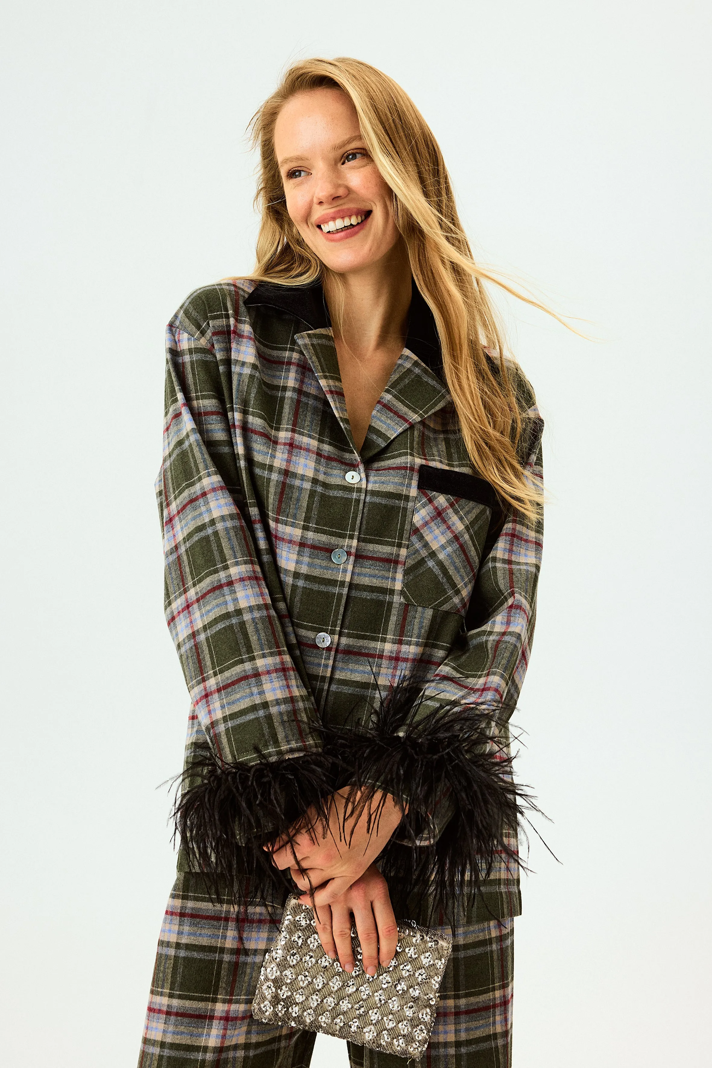 Checked Cotton-Flannel Set with Detachable Feathers in Jade sold by Sleeper product image thumbnail 2