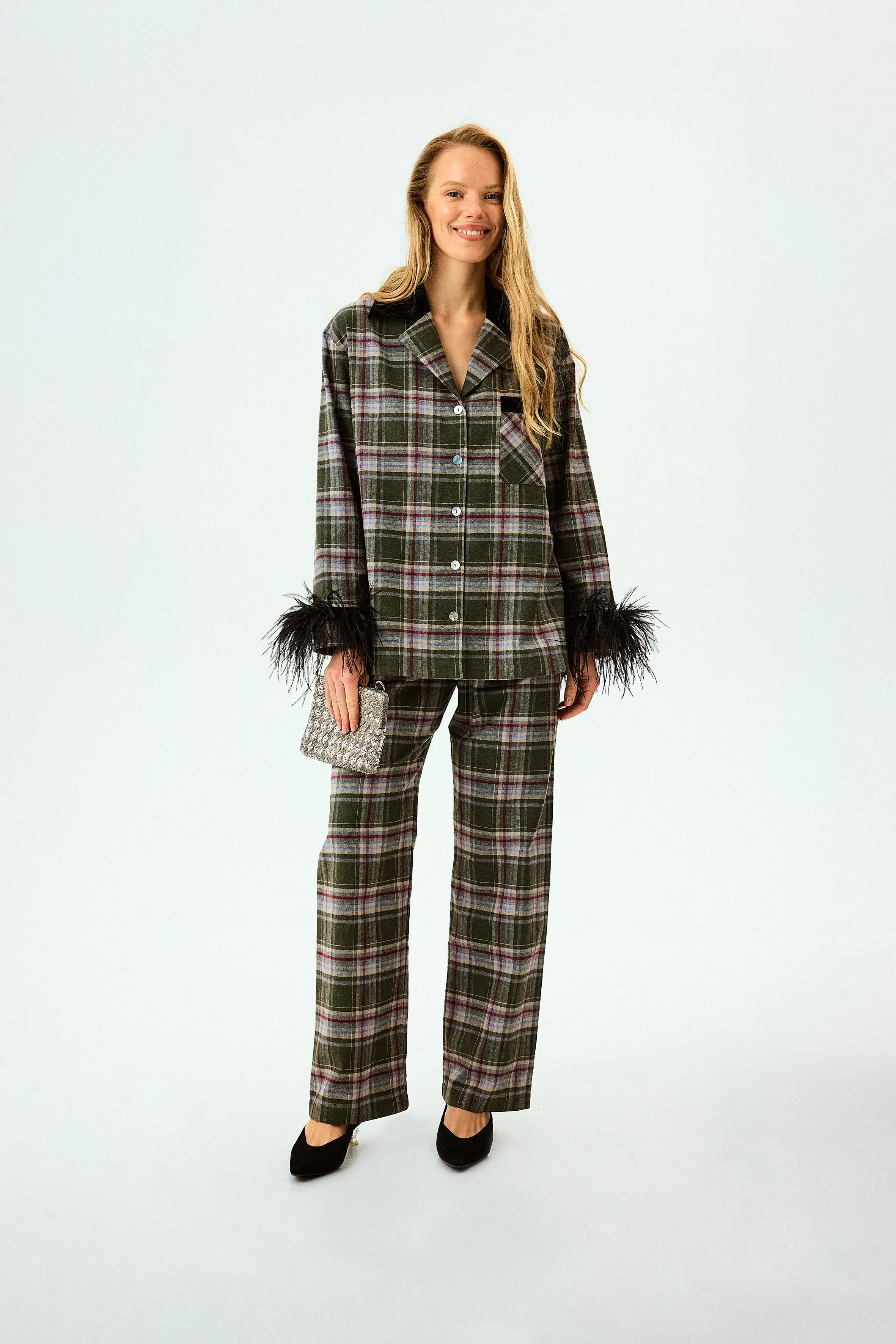Checked Cotton-Flannel Set with Detachable Feathers in Jade sold by Sleeper