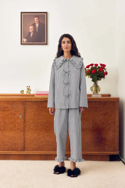Lybid Cotton Pajama Set with Ruffled Collar in Black Stripes sold by Sleeper