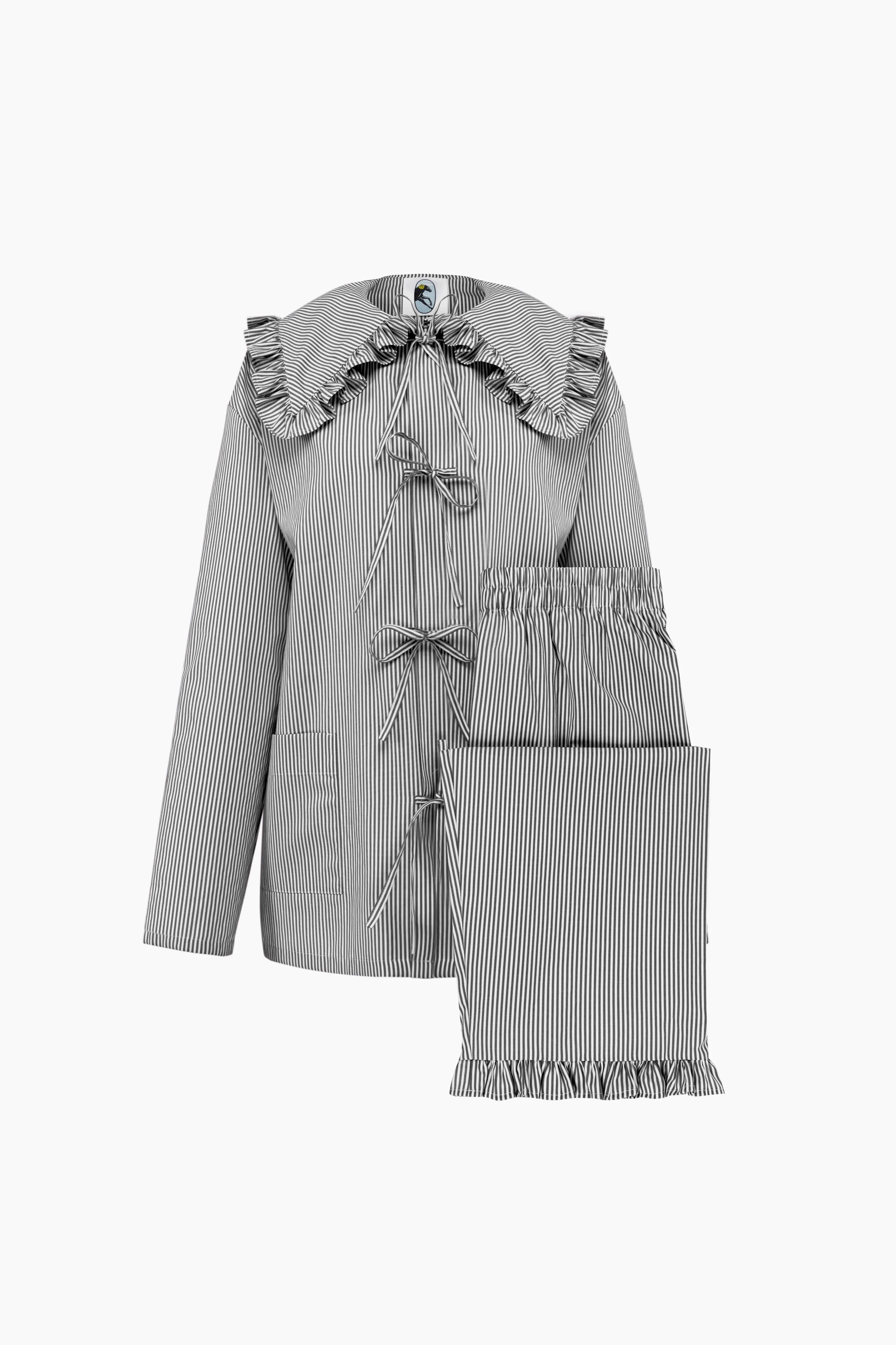 Lybid Cotton Pajama Set with Ruffled Collar in Black Stripes sold by Sleeper product image thumbnail 4