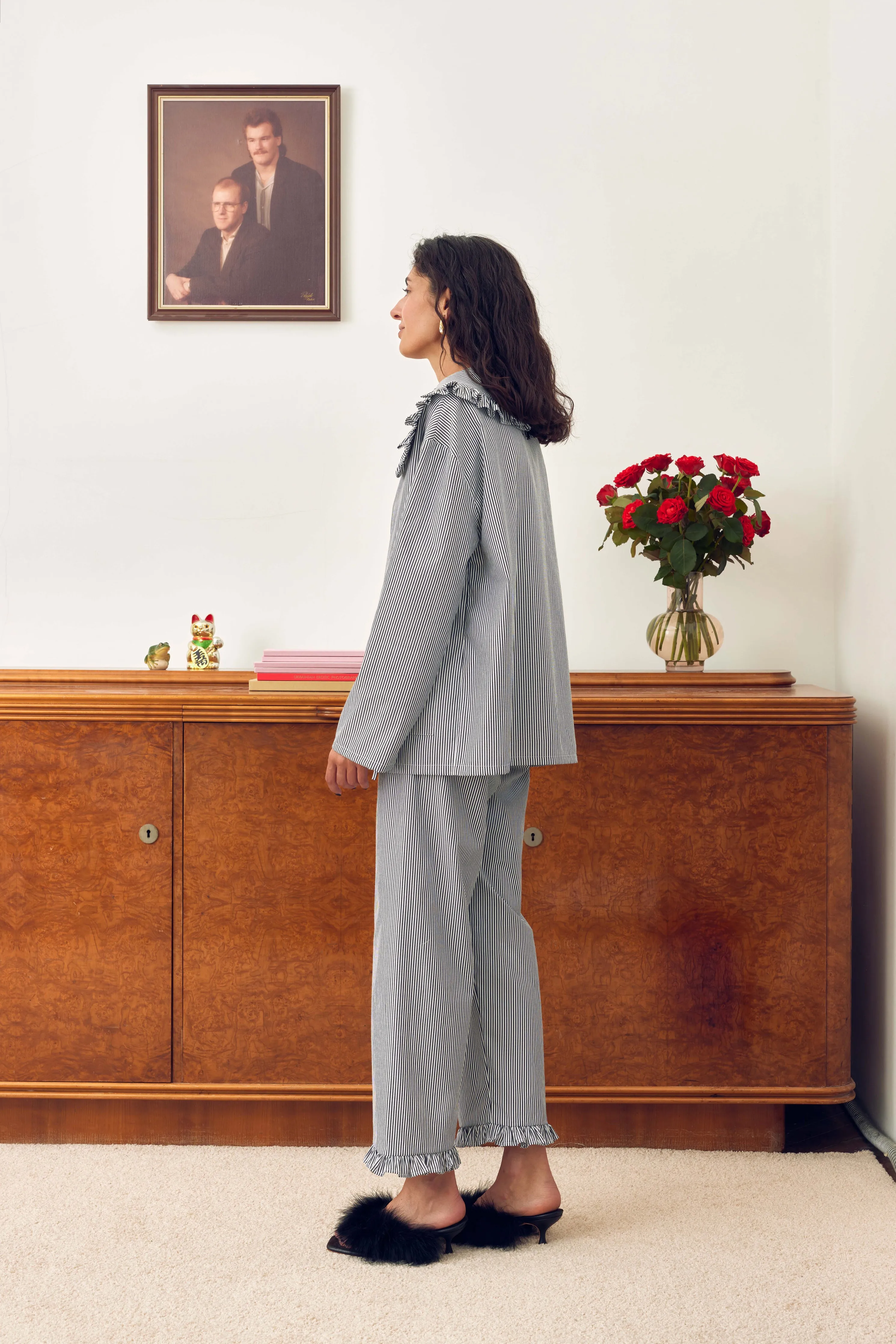 Lybid Cotton Pajama Set with Ruffled Collar in Black Stripes sold by Sleeper product image thumbnail 3