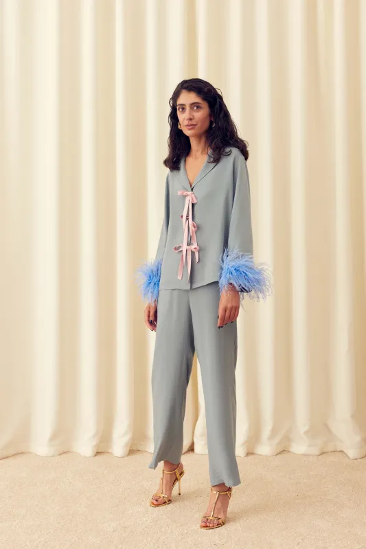The Bow Pajama Set with Detachable Feathers in Grey sold by Sleeper