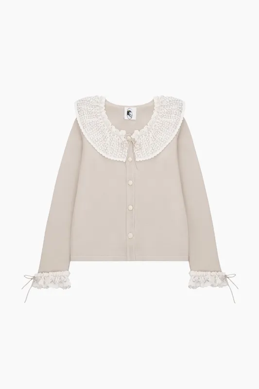 Malena Knitted Cardigan with Lace Collar in Beige sold by Sleeper