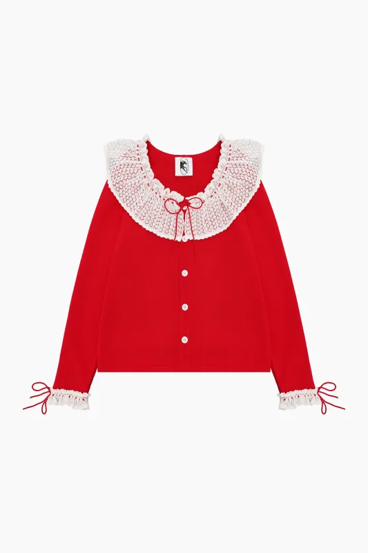 Malena Knitted Cardigan with Lace Collar in Red made by Sleeper
