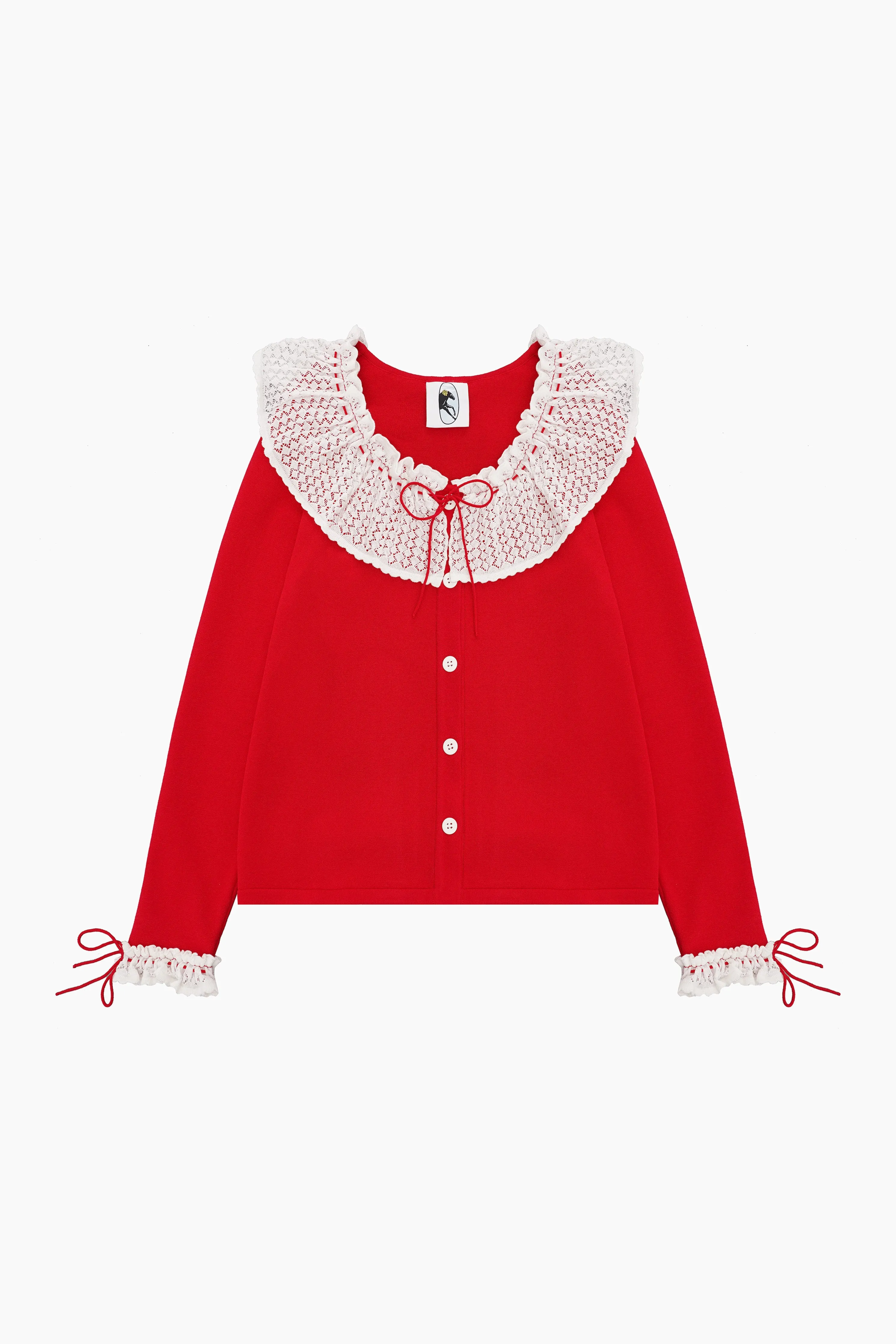 Malena Knitted Cardigan with Lace Collar in Red sold by Sleeper