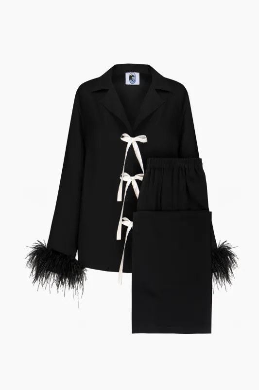 The Bow Pajama Set with Detachable Feathers in Black sold by Sleeper