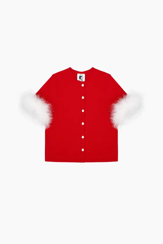 Miss Kitty Short Sleeve Cardigan with Detachable Feathers in Red sold by Sleeper