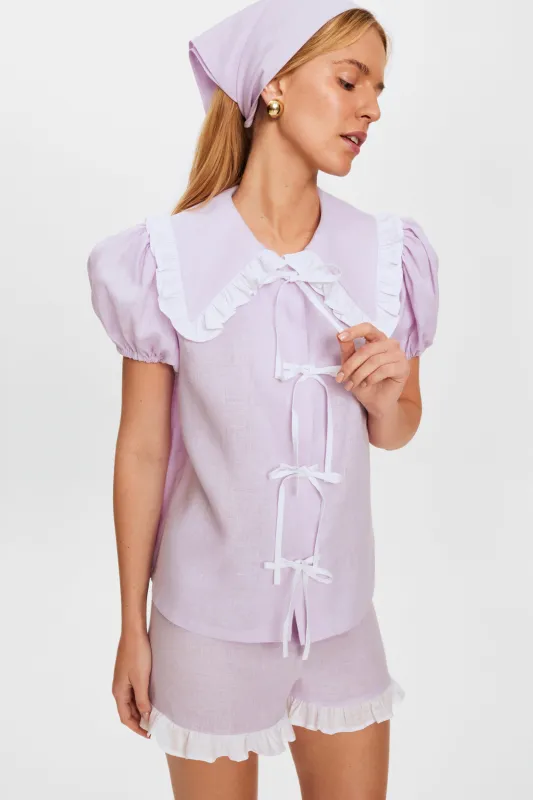 Puff Linen Lounge Shorts with Headscarf in Lavender made by Sleeper