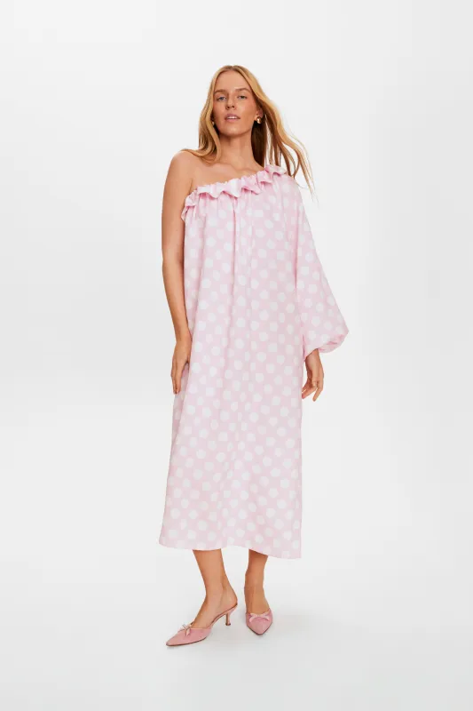 Gaia Soft Viscose Midi Dress in Pink Polka Dot sold by Sleeper
