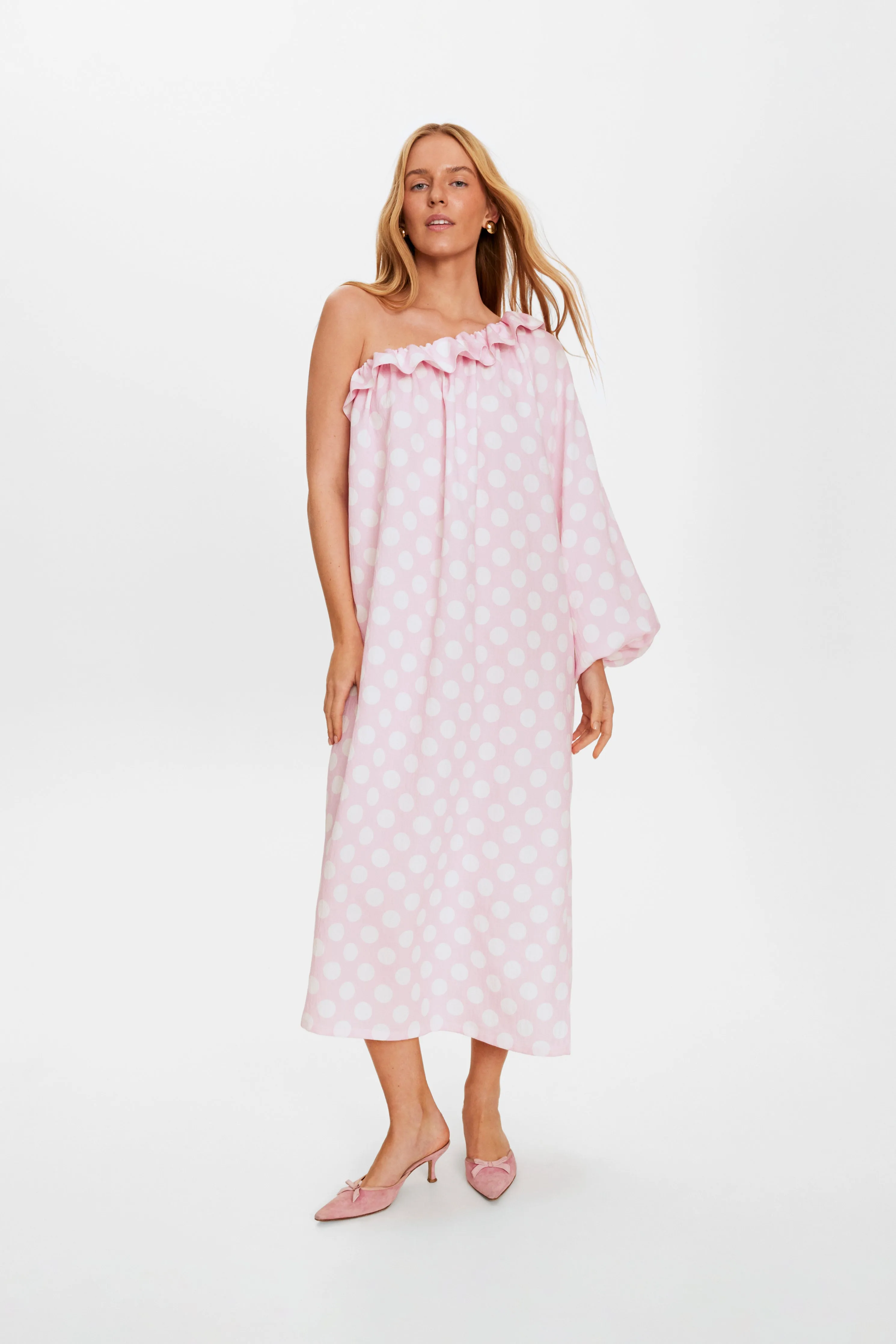 Gaia Soft Viscose Midi Dress in Pink Polka Dot sold by Sleeper
