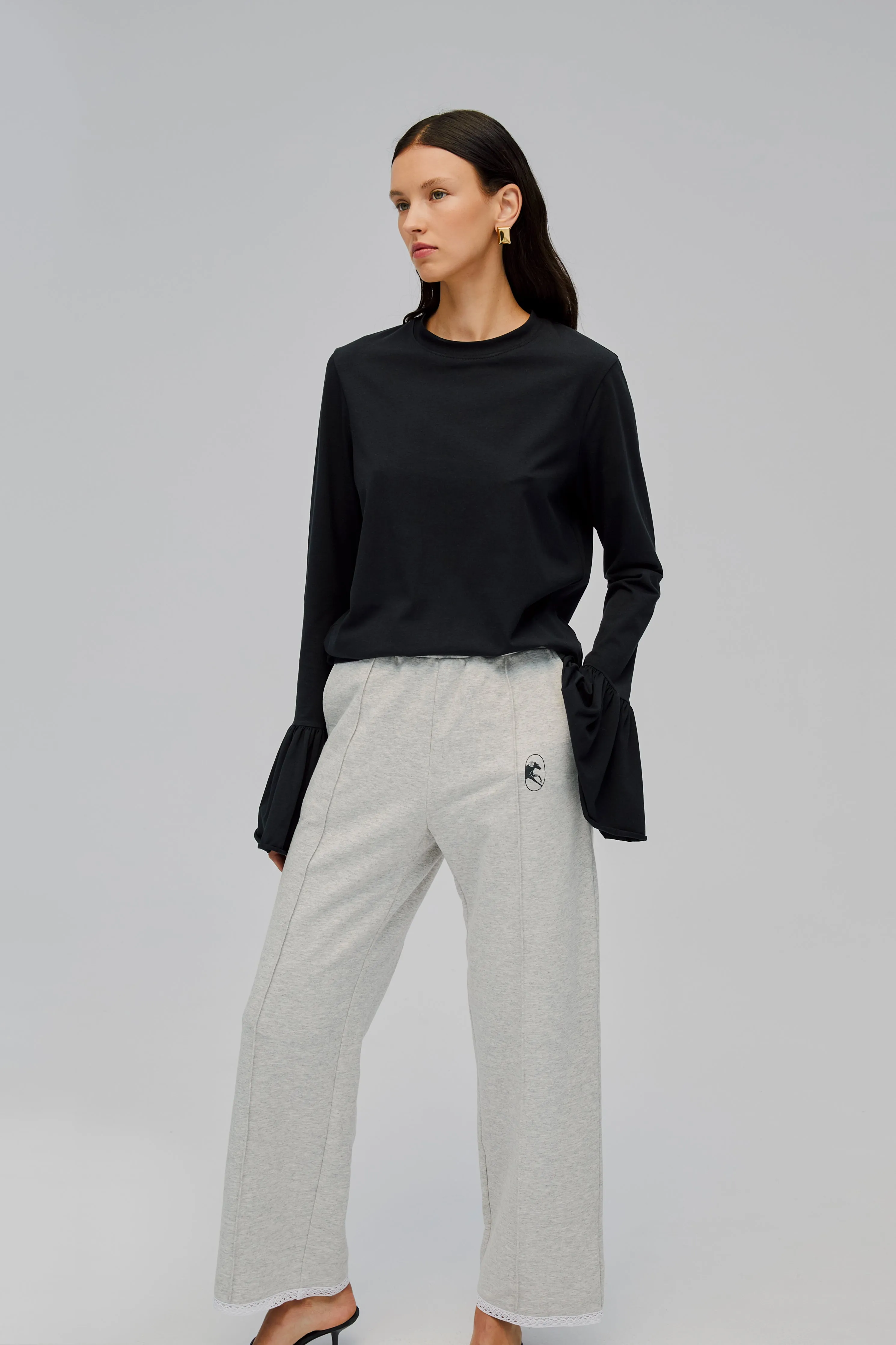 Relaxed Stretch-cotton Jersey Pants with Lace in Grey sold by Sleeper product image thumbnail 4