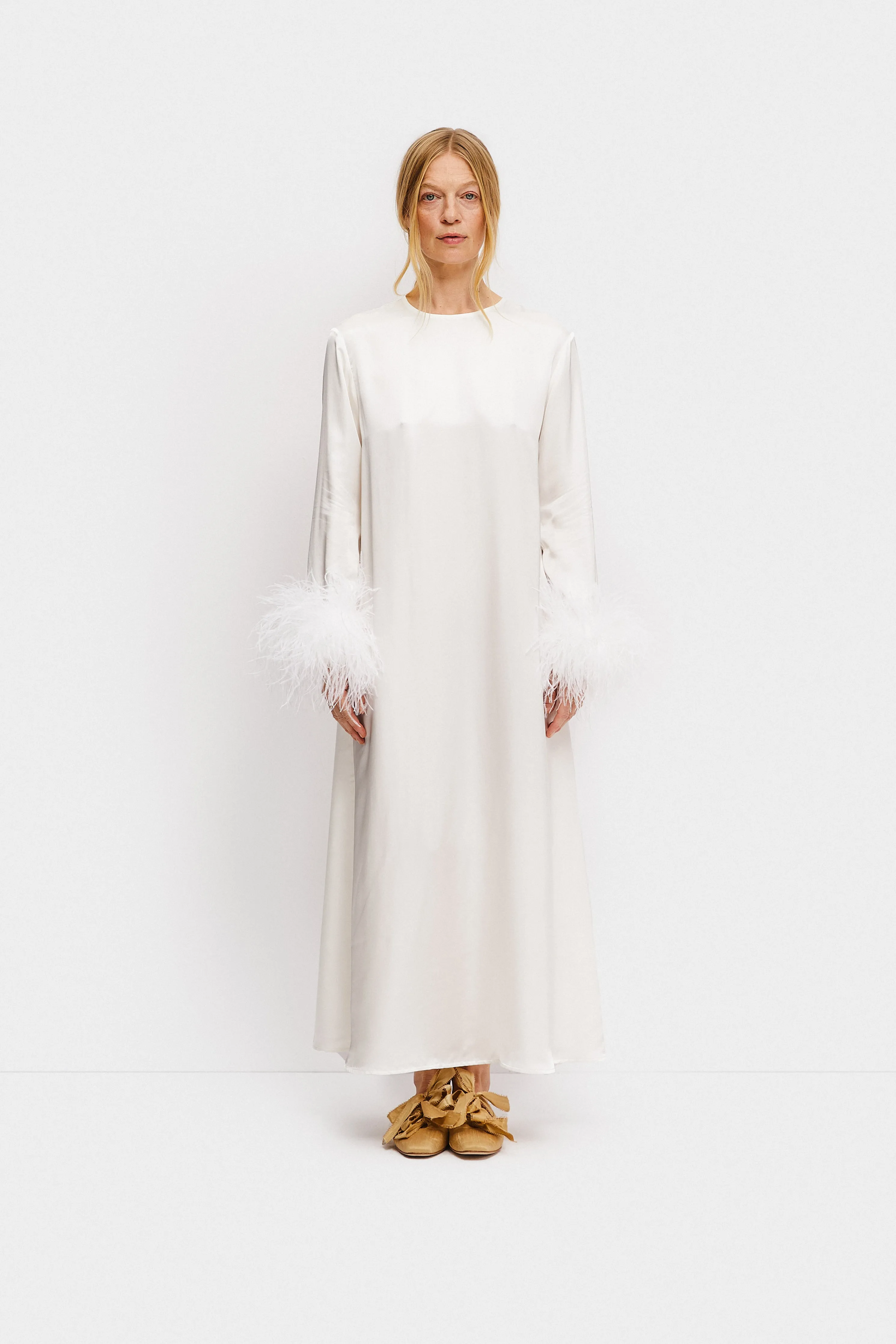 Suzi Maxi Dress With Detachable Feathers in White sold by Sleeper