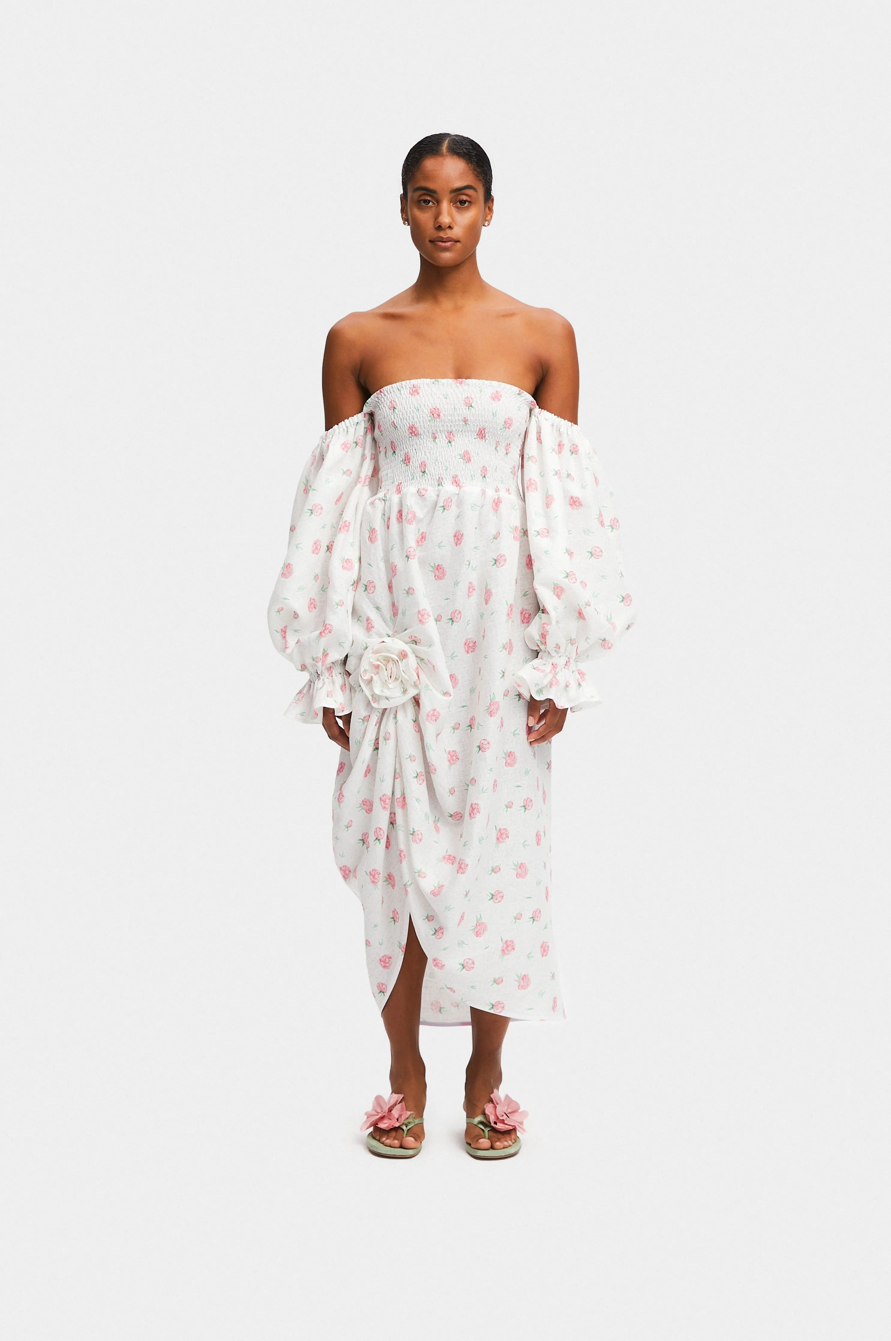 Atlanta Linen Dress with Rose Detail in Roses sold by Sleeper