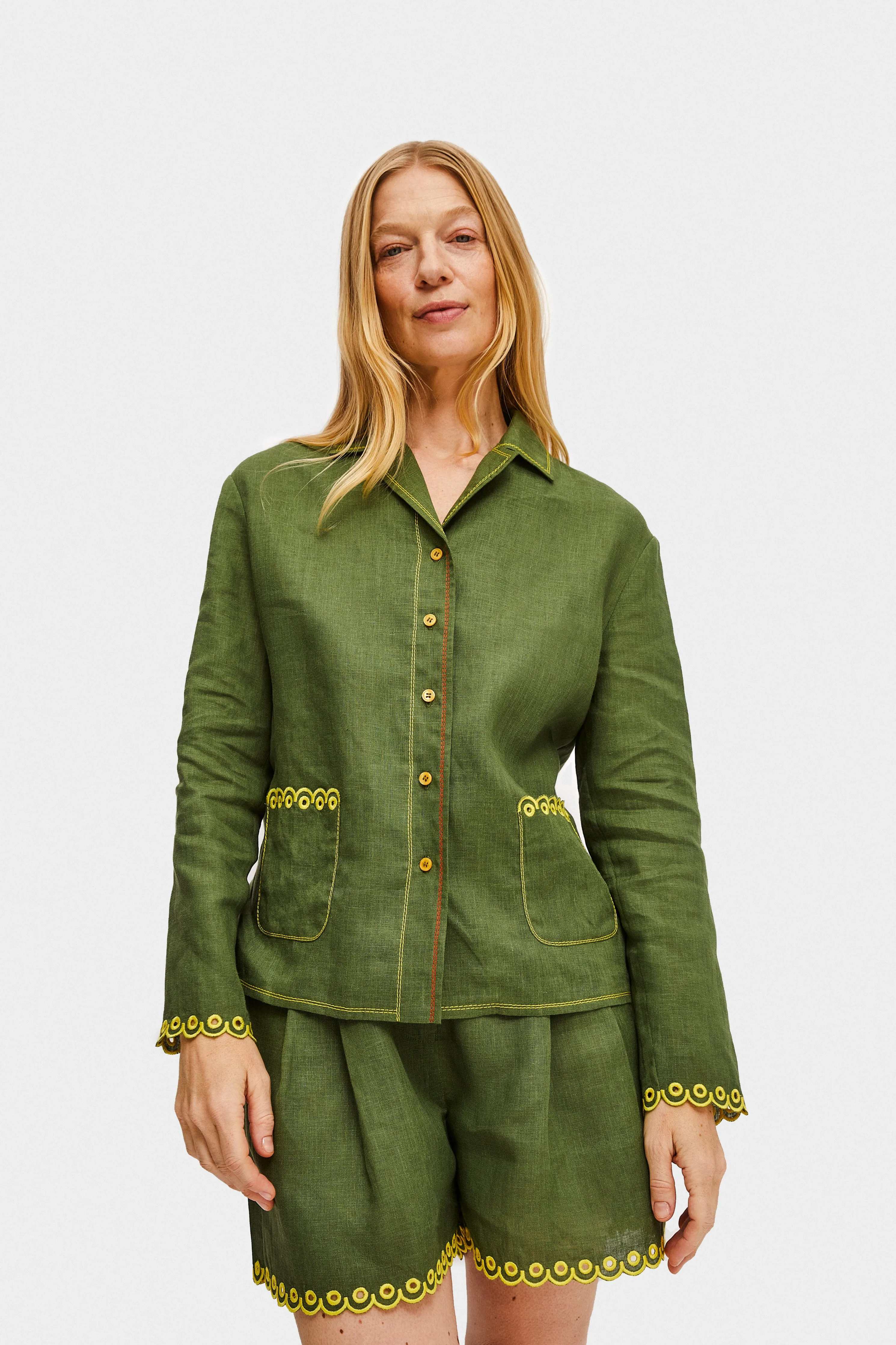 Petra Embroidered Linen Shirt in Green sold by Sleeper product image thumbnail 3