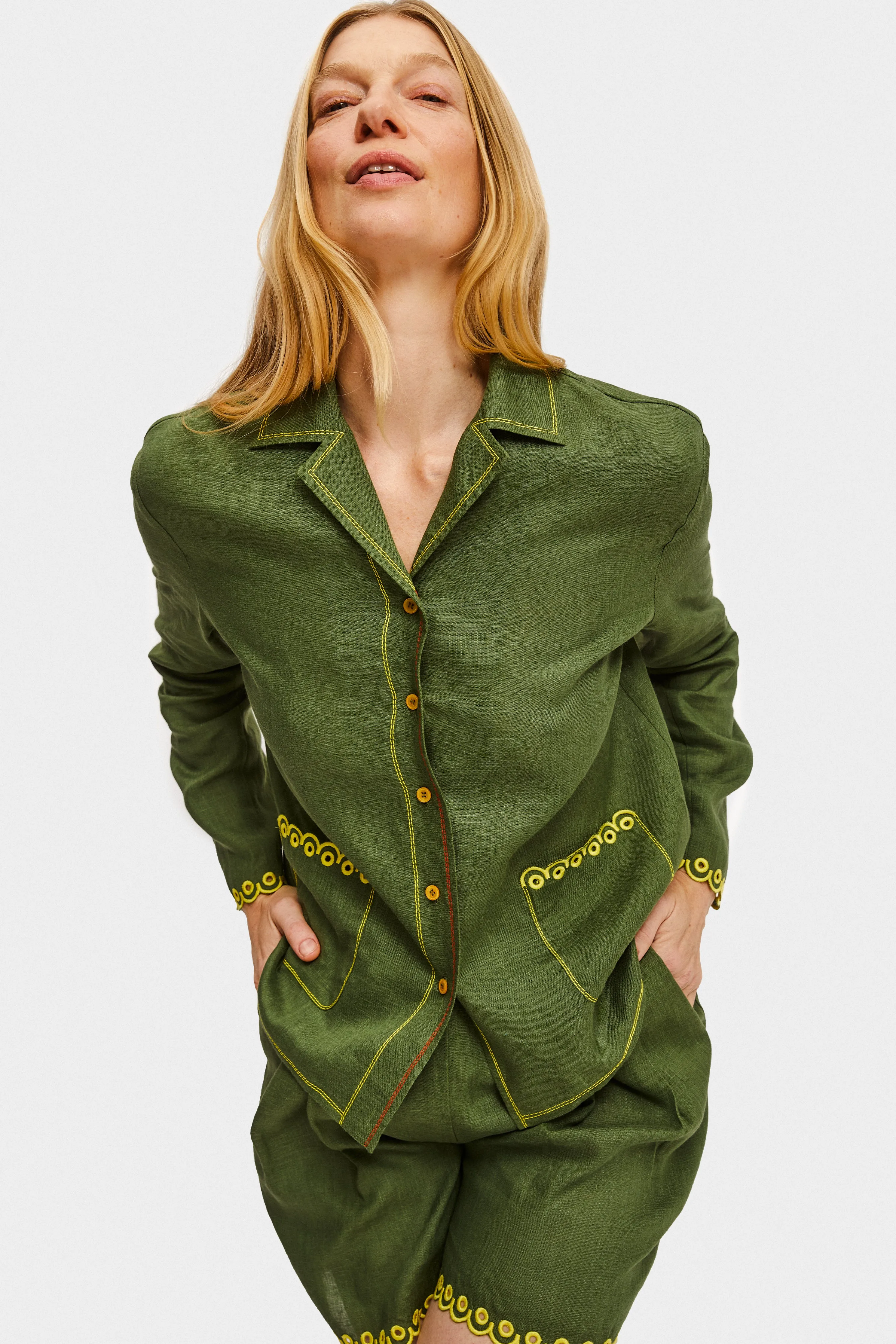 Petra Embroidered Linen Shirt in Green sold by Sleeper product image thumbnail 2