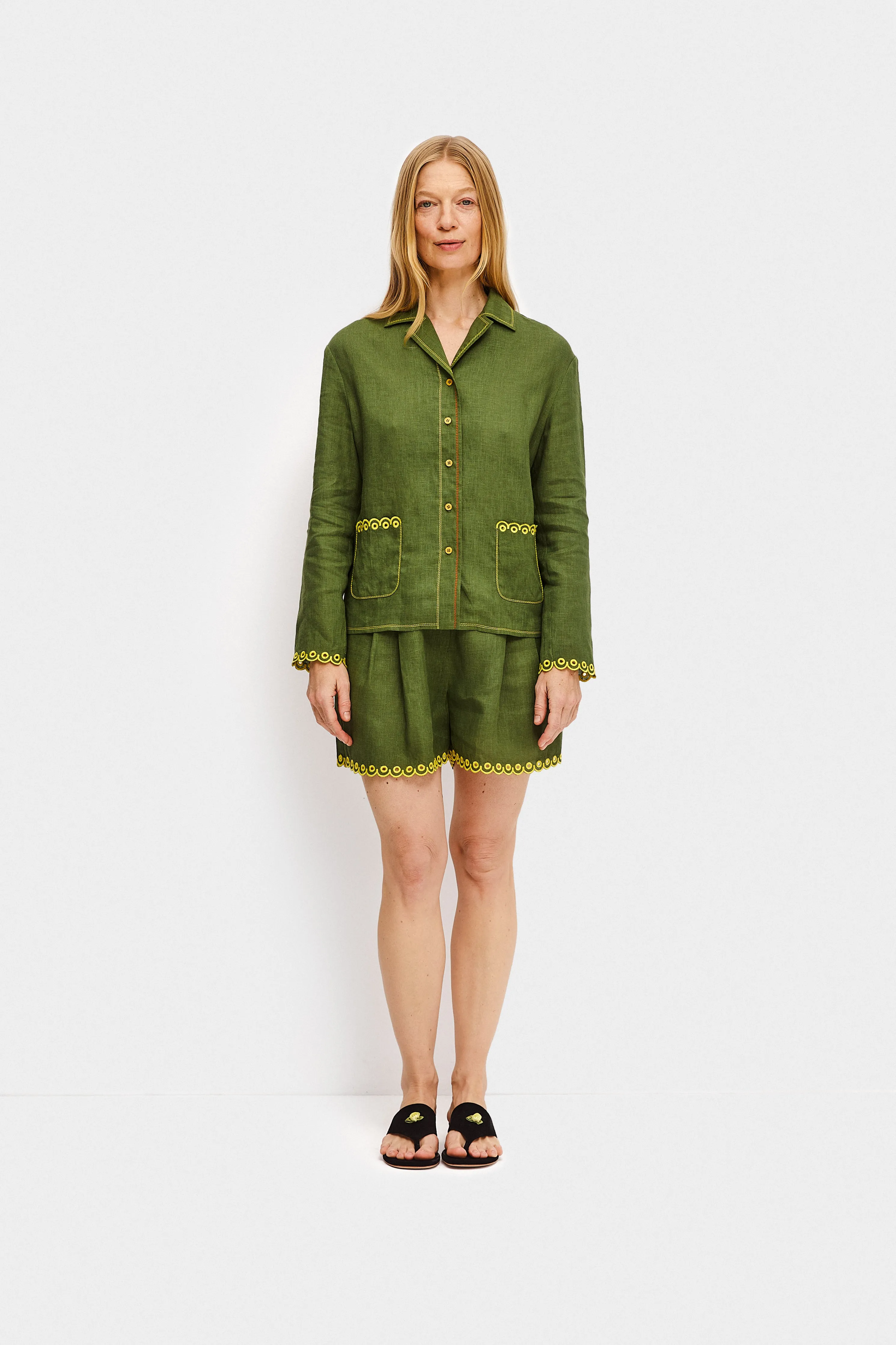 Petra Embroidered Linen Shirt in Green sold by Sleeper