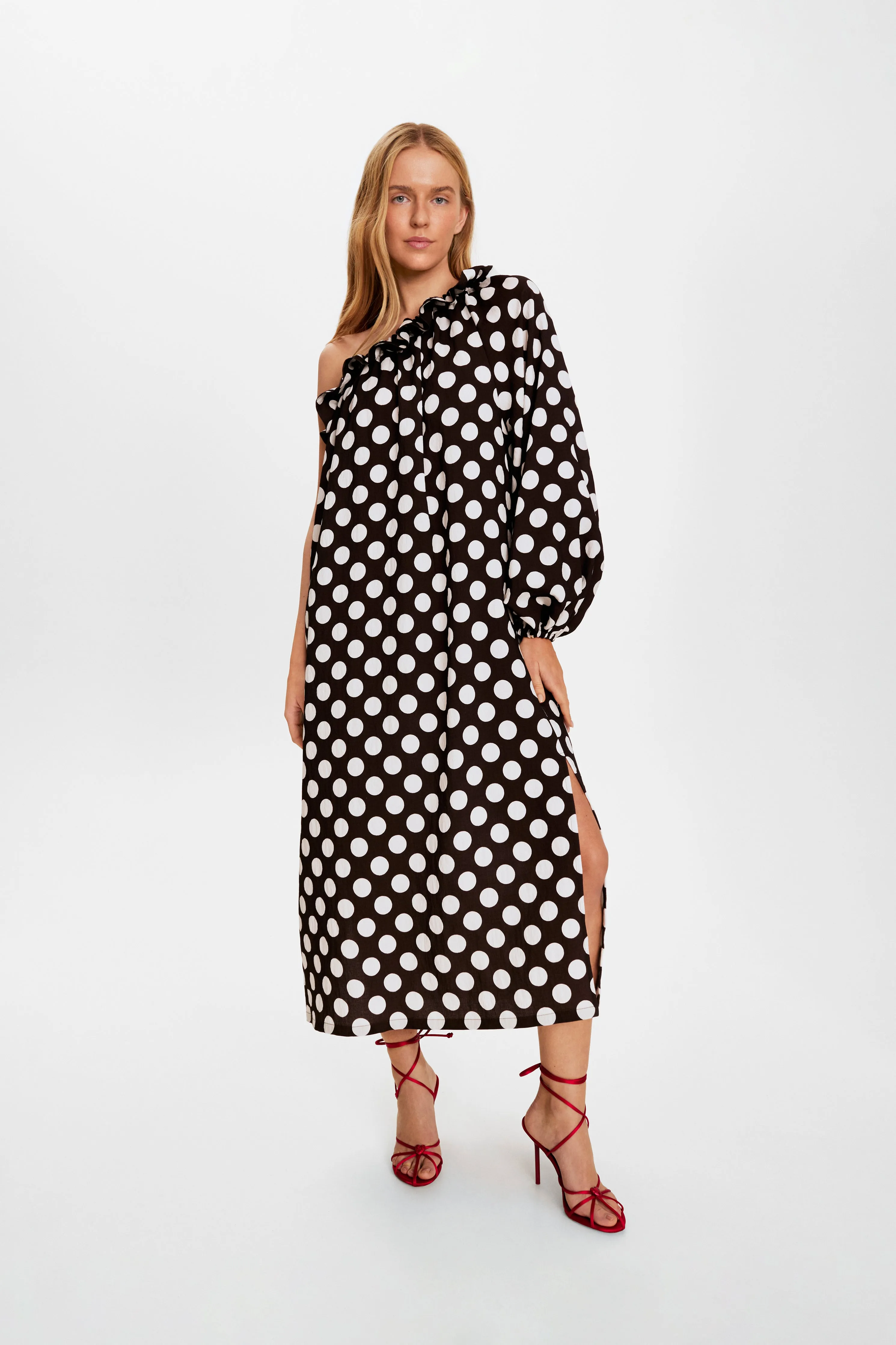 Gaia Soft Viscose Midi Dress in Black Polka Dot sold by Sleeper