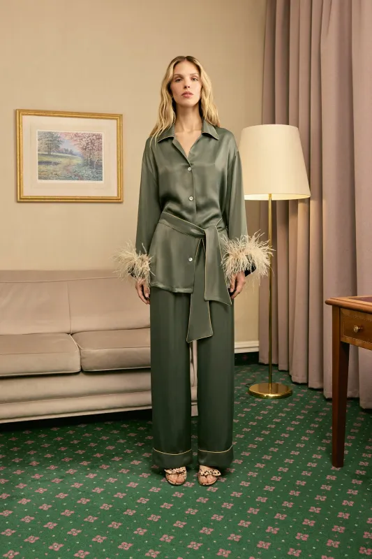 Miss Cat Belted Set with Detachable Feathers in Green made by Sleeper