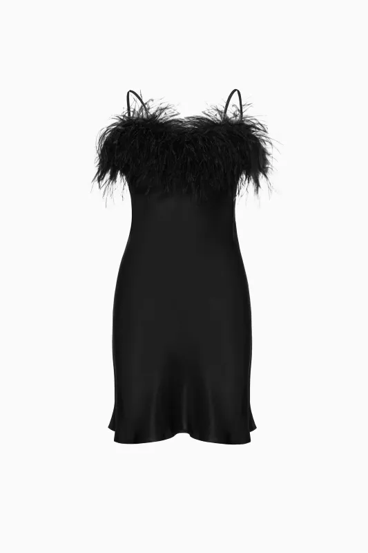 Boheme Mini Slip Dress with Feathers in Black sold by Sleeper