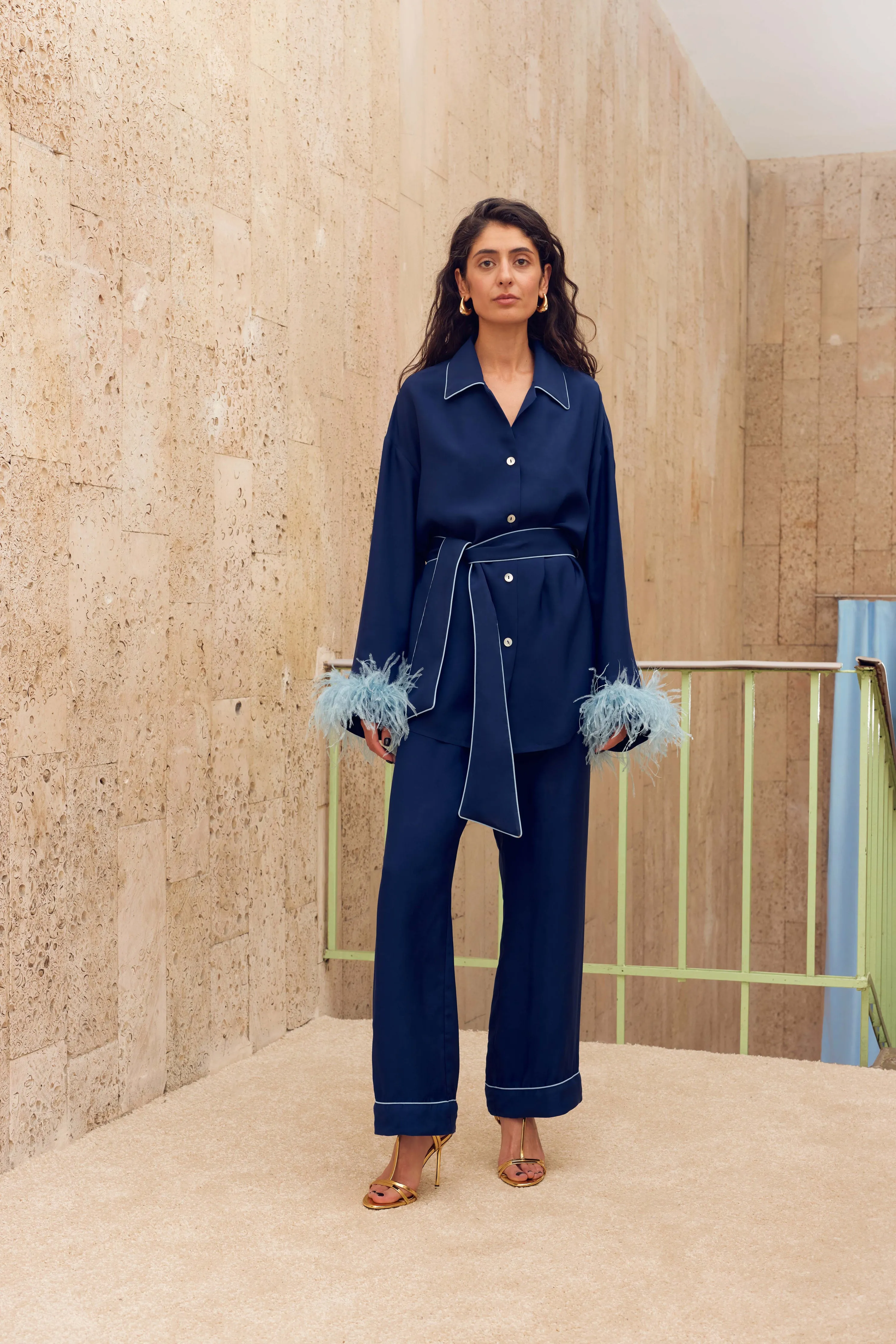 Miss Cat Belted Set with Detachable Feathers in Navy sold by Sleeper