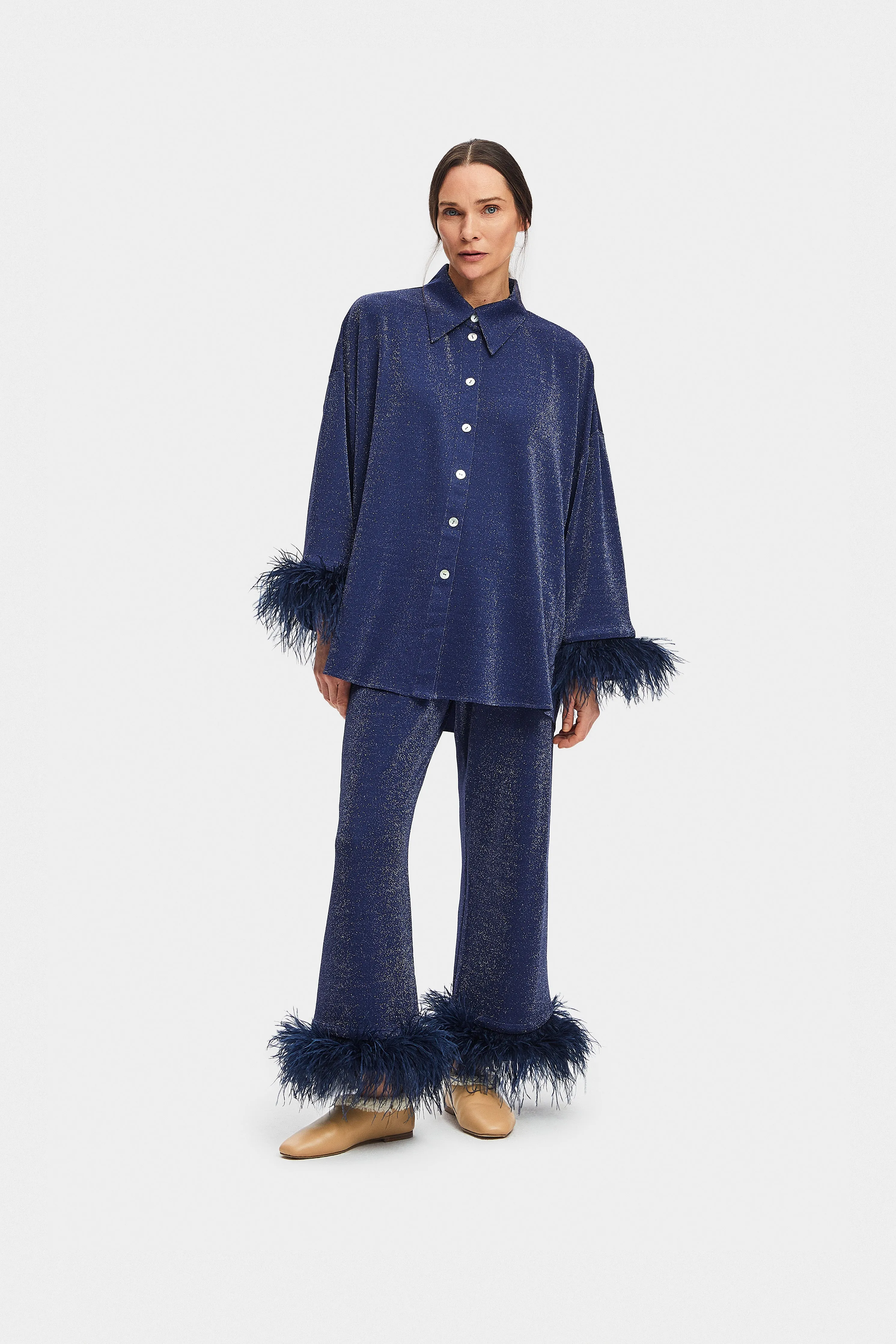 Cosmos Oversized Metallic Jersey Pajama Set in Navy sold by Sleeper