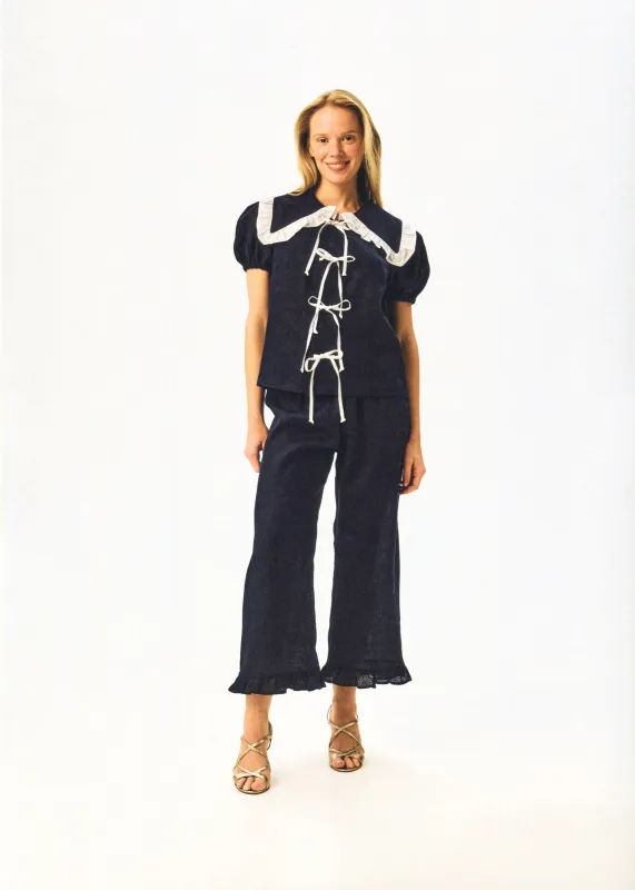 Puff Linen Lounge Pants with Headscarf in Navy sold by Sleeper