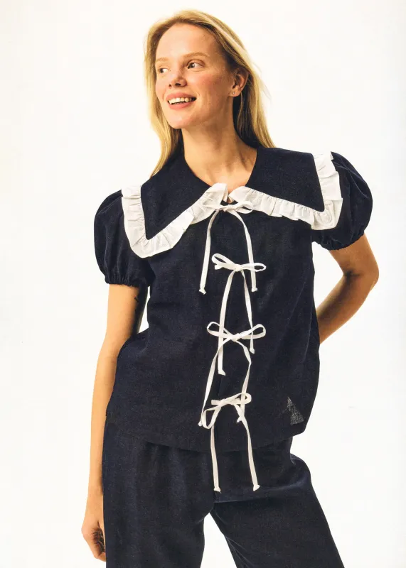 Puff Linen Lounge Shirt in Navy made by Sleeper