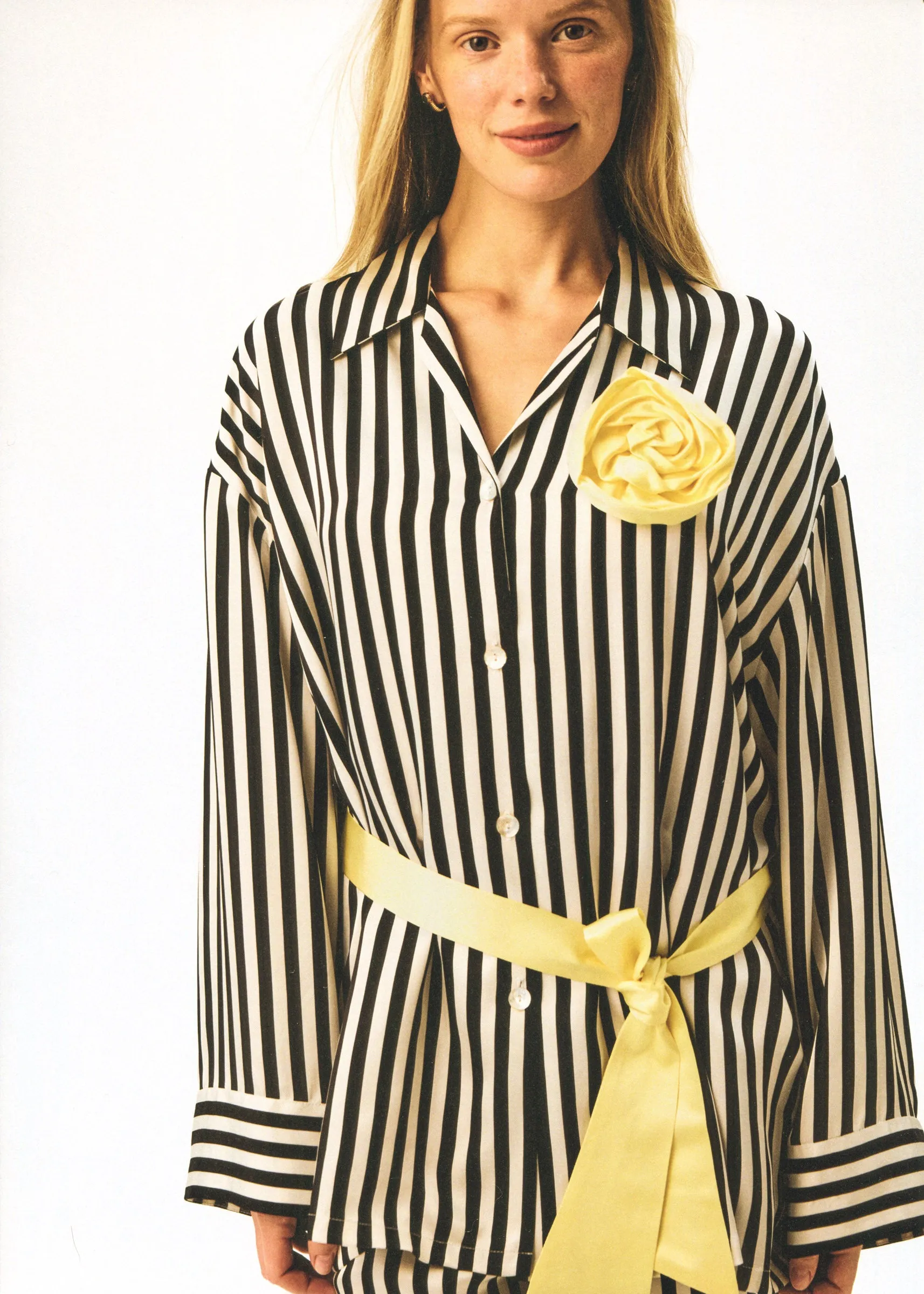 The Rose Oversized Pajama Set in Stripes with Yellow trim sold by Sleeper product image thumbnail 4