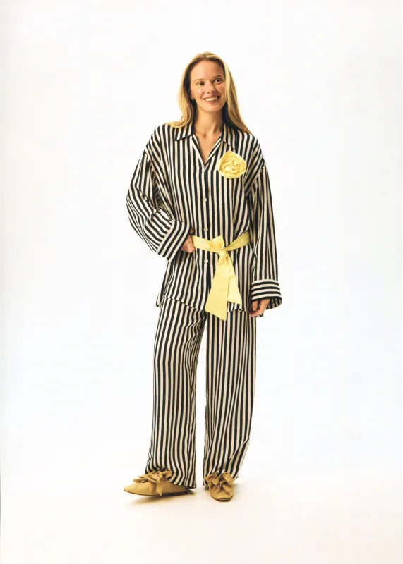 The Rose Oversized Pajama Set in Stripes with Yellow trim made by Sleeper