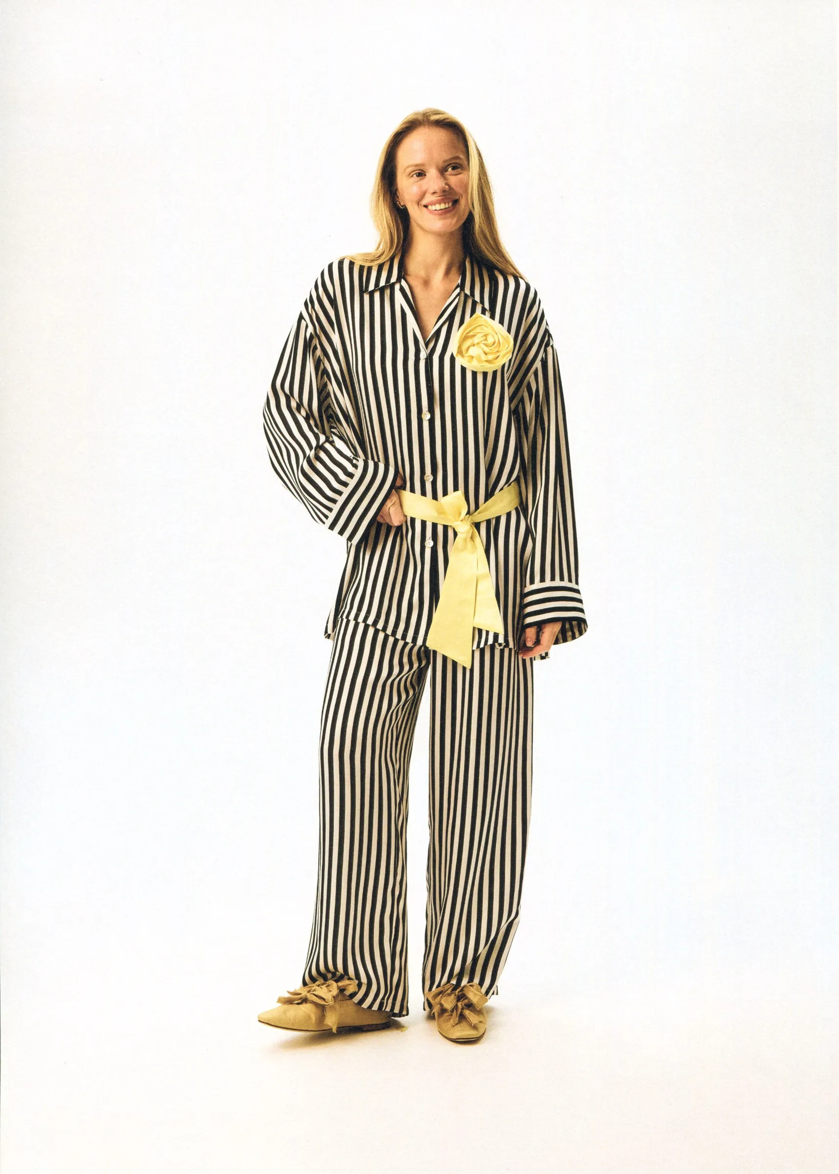 The Rose Oversized Pajama Set in Stripes with Yellow trim sold by Sleeper