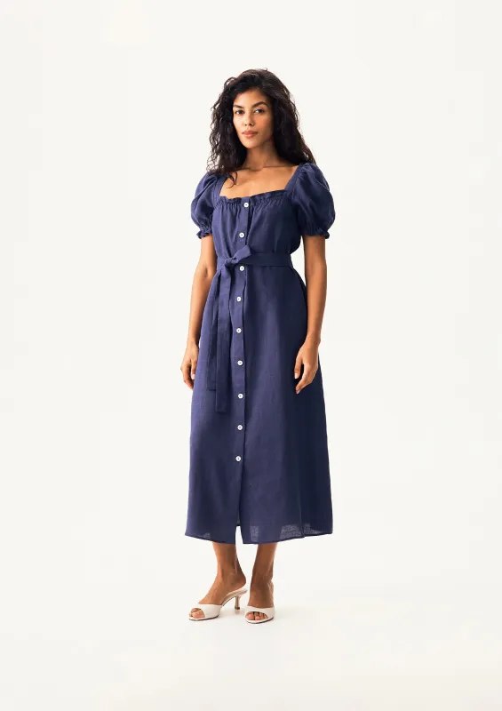 Brigitte Linen Midi Dress in Navy made by Sleeper