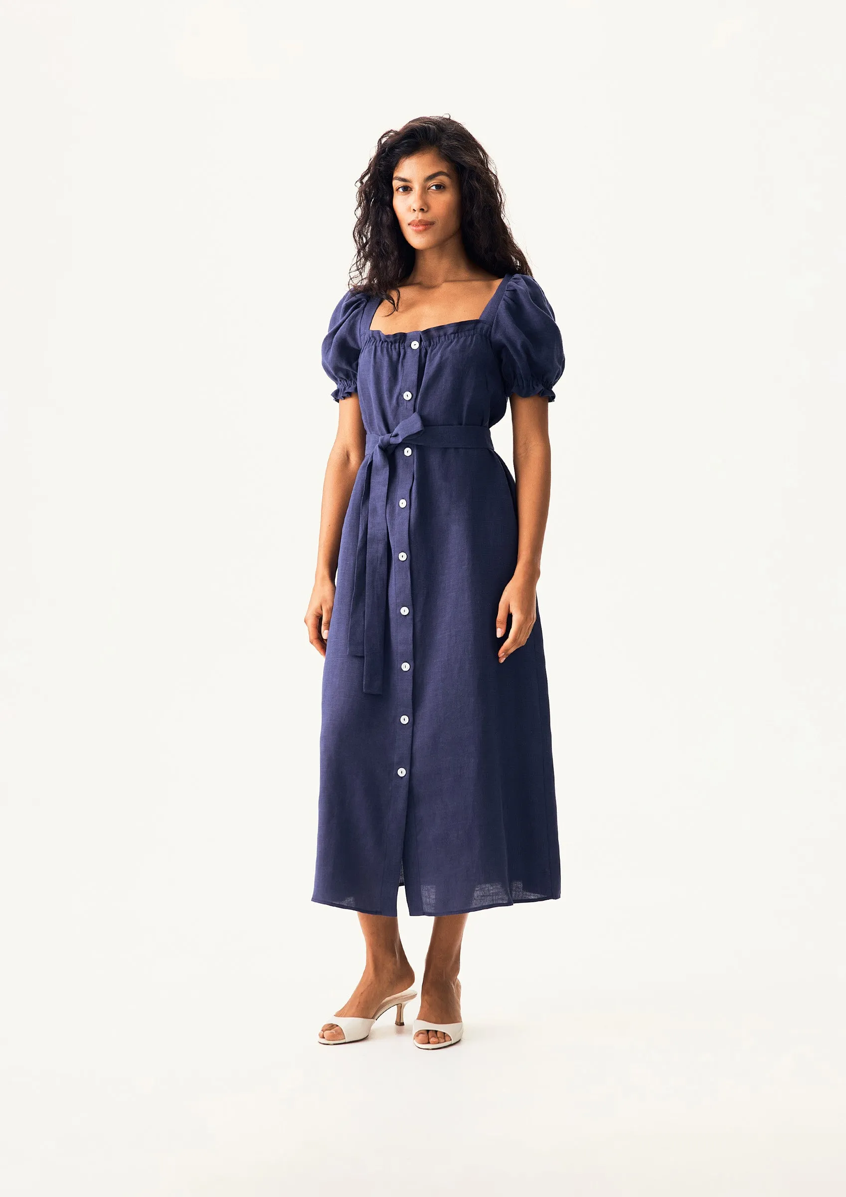 Brigitte Linen Midi Dress in Navy sold by Sleeper