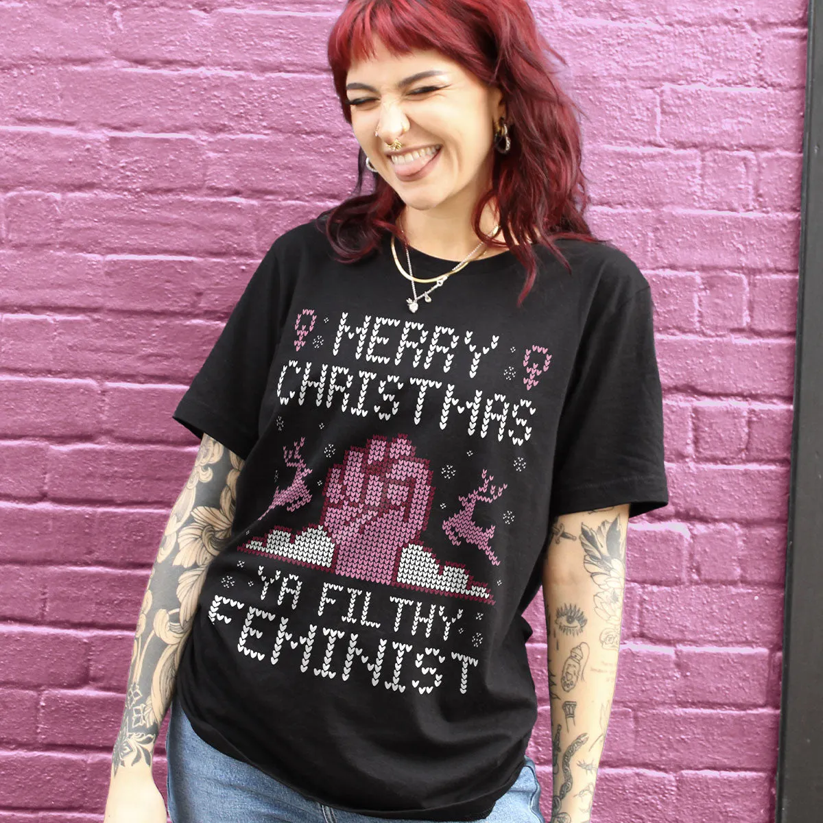 Merry Christmas Ya Filthy Feminist Ugly Christmas T-Shirt sold by The Spark Company product image thumbnail 2