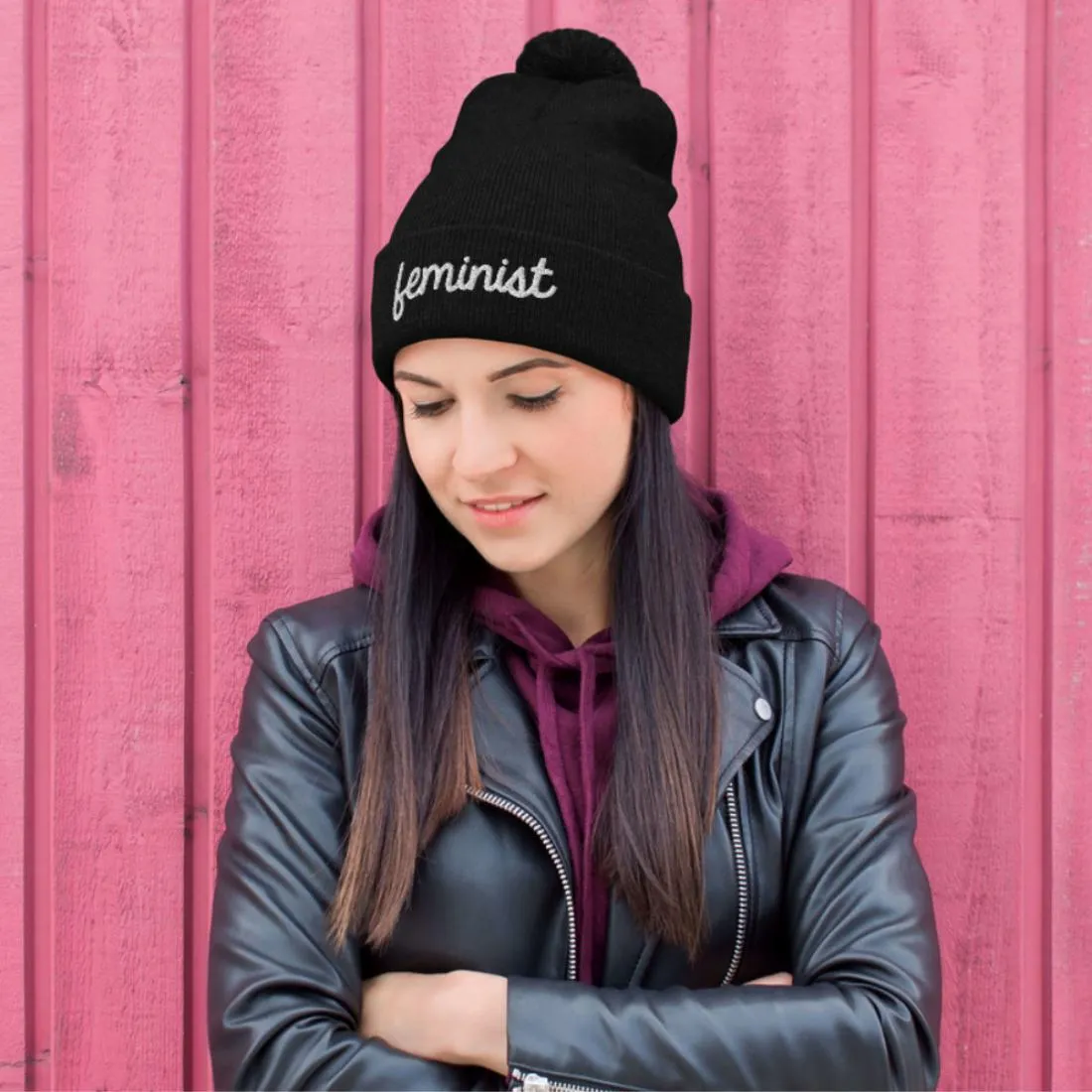 Feminist Embroidered Pom Pom Beanie Hat sold by The Spark Company product image thumbnail 3
