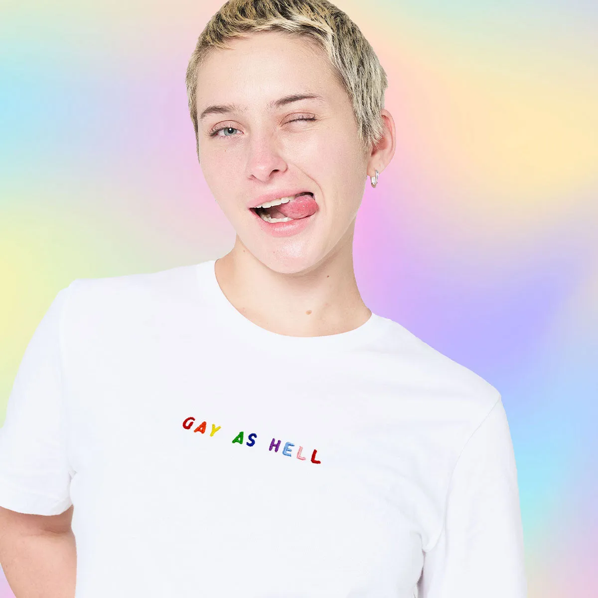 Gay As Hell Embroidery Detail T-Shirt sold by The Spark Company product image thumbnail 2