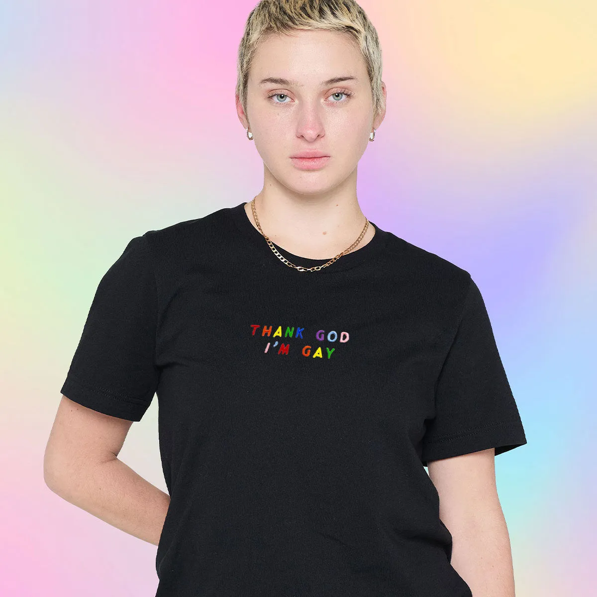 Thank God I'm Gay Embroidery Detail T-Shirt sold by The Spark Company product image thumbnail 2