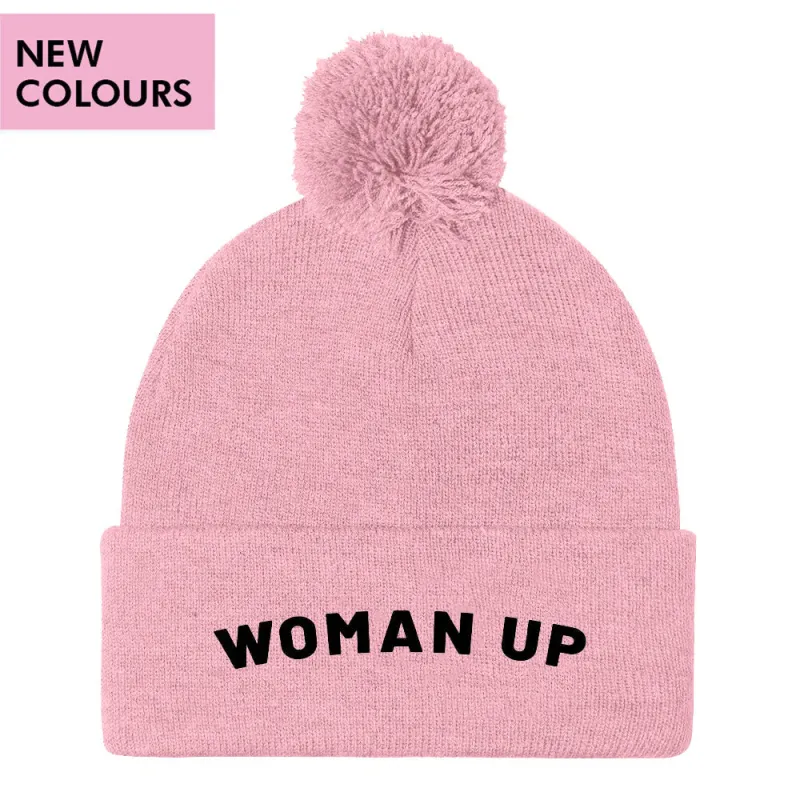 Woman Up Embroidered Pom Pom Beanie Hat sold by The Spark Company