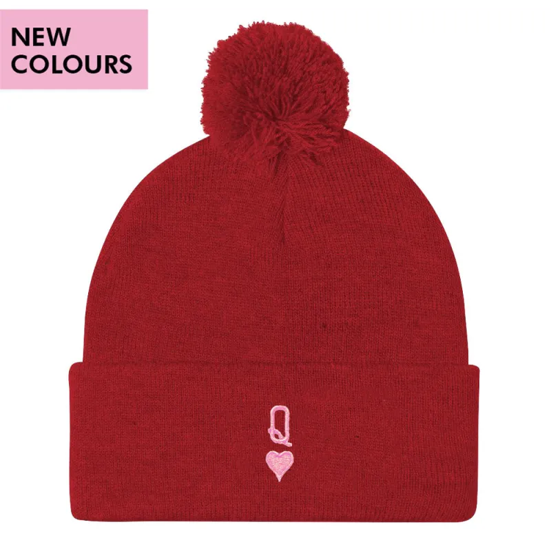 Queen Tiny Embroidery Detail Pom Pom Beanie Hat sold by The Spark Company