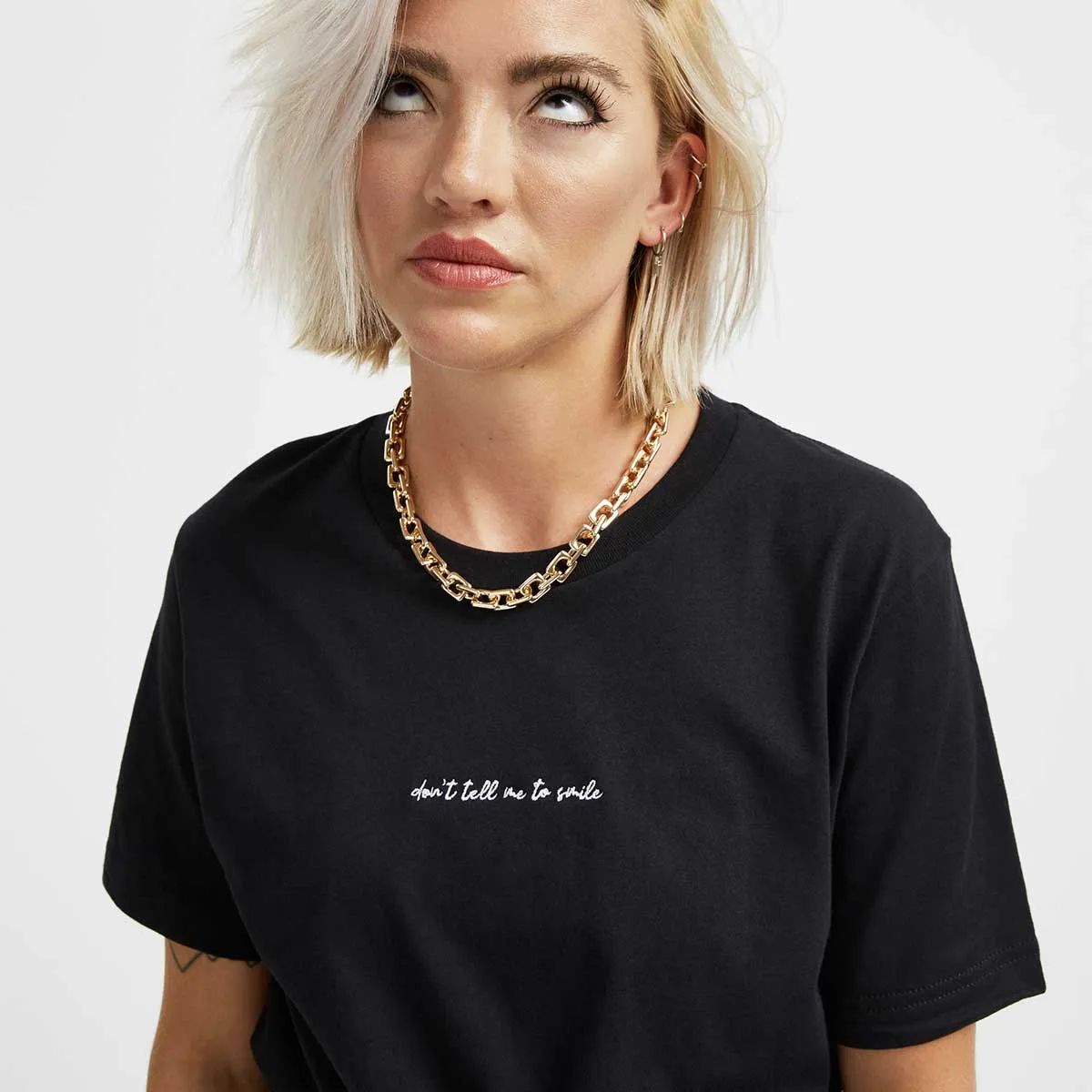 Don't Tell Me To Smile Embroidered T-Shirt sold by The Spark Company product image thumbnail 2