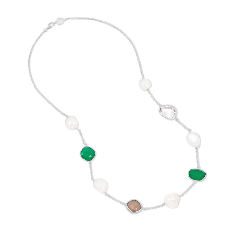 Green Gemstone & Baroque Pearl Pebble Necklace sold by Dower & Hall
