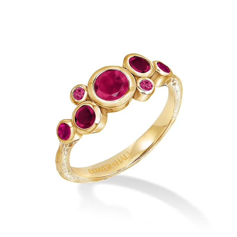 18k Gold Cascade Cluster Ring with Rubies sold by Dower & Hall