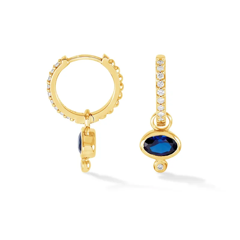 9k Diamond Stargazer Hoops with Blue Sapphire Oval Drops sold by Dower & Hall