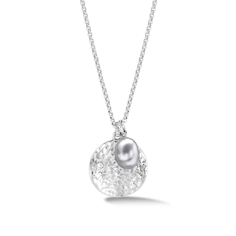Men's Hammered Disc & Dove Grey Freshwater Pearl Pendant sold by Dower & Hall