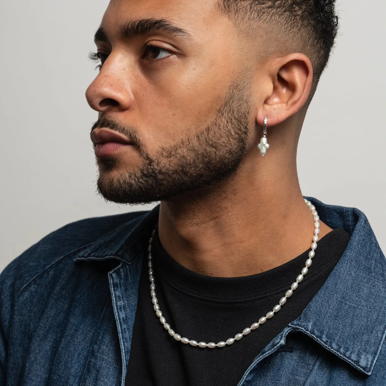 Men's Single White Cross Pearl Hoop sold by Dower & Hall product image thumbnail 5